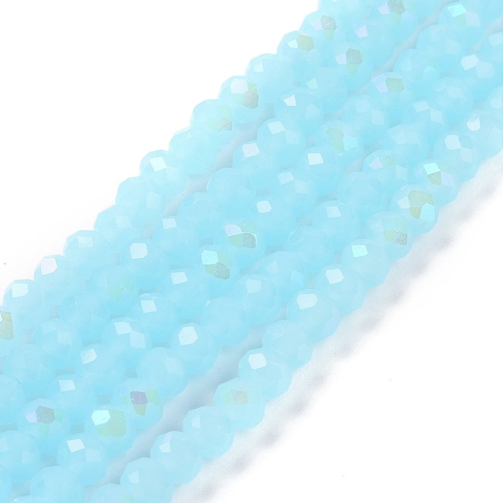 Light sky blue faceted rondelle beads, 4mm, rainbow electroplate finish