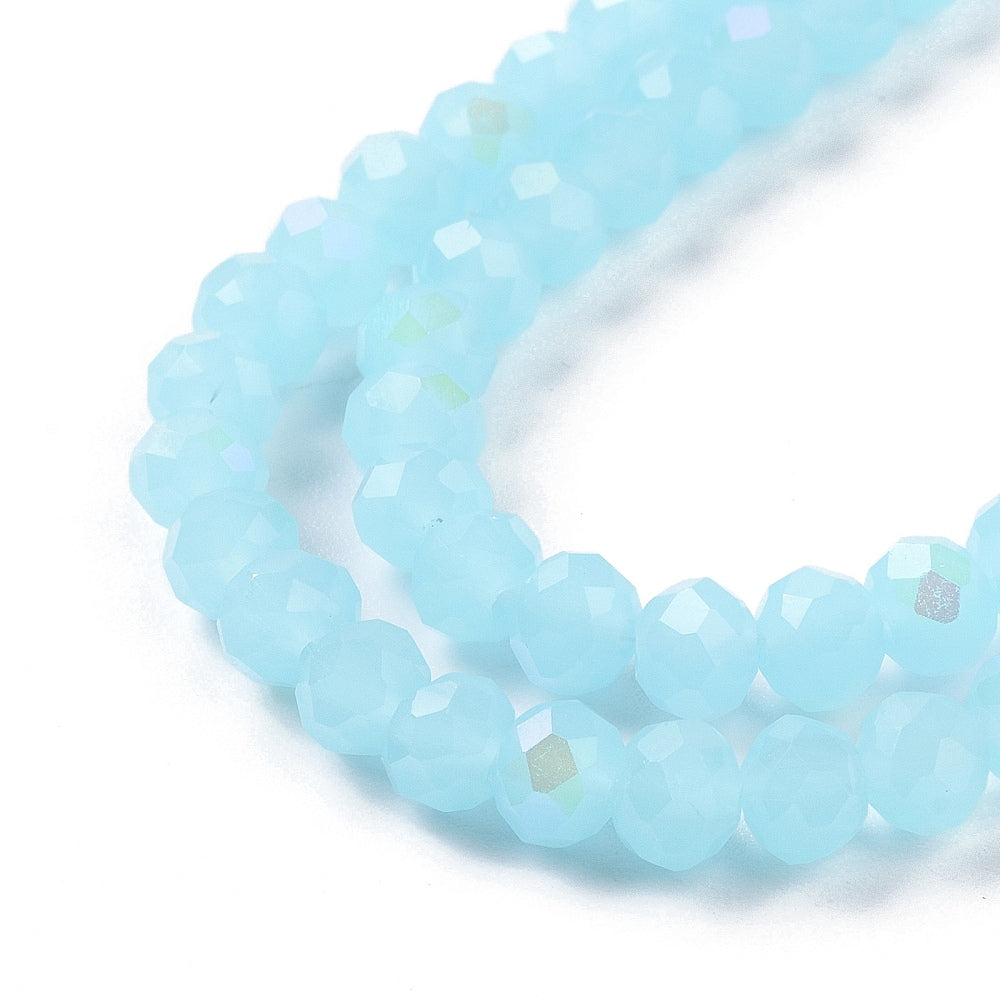 Light sky blue faceted rondelle beads strand, 4mm, close-up rainbow sparkle