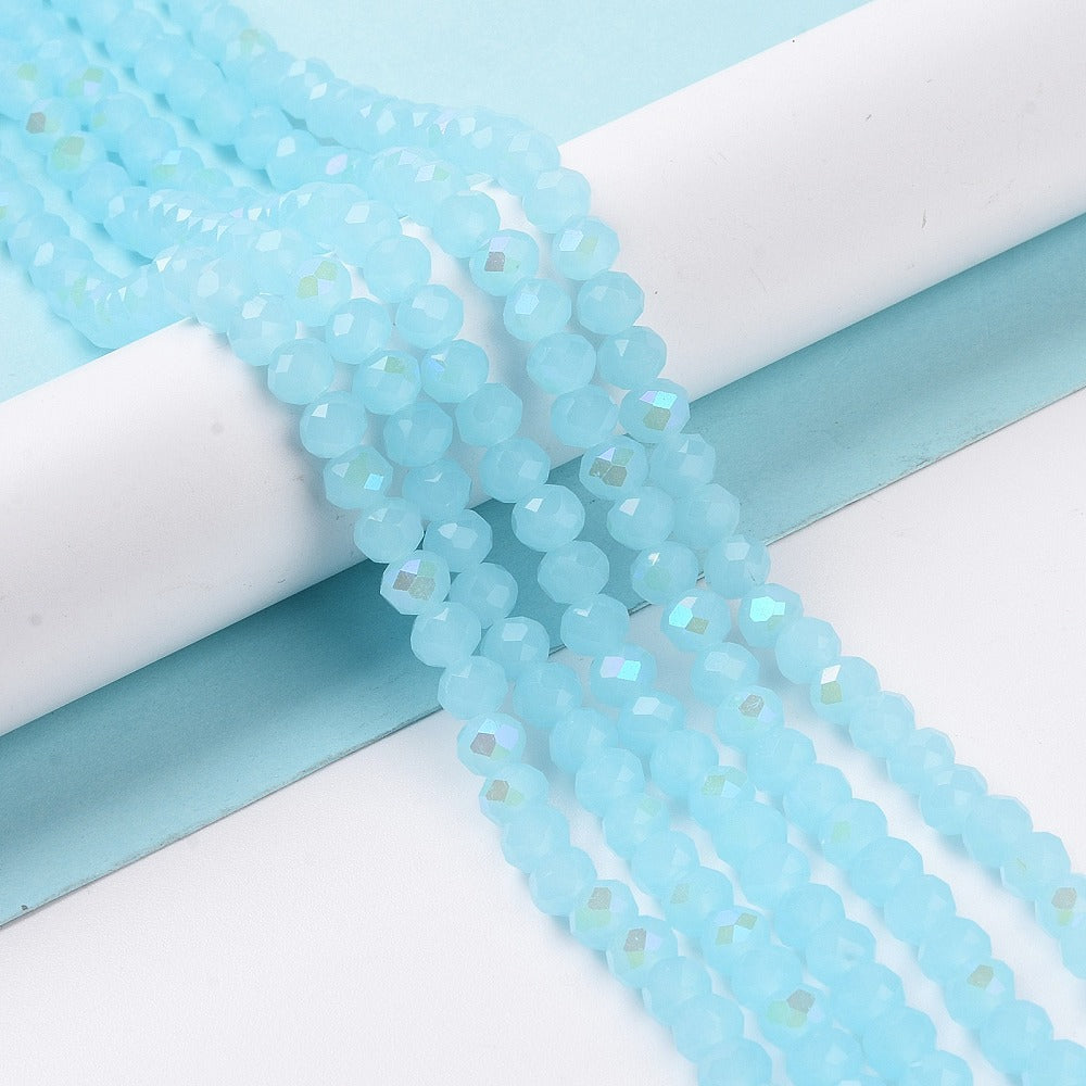 Light sky blue faceted rondelle beads, 4mm, rainbow electroplate beads on double strand
