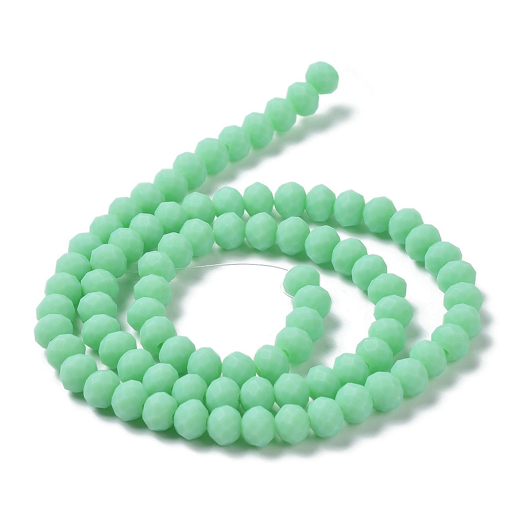 Spring green faceted frosted glass rondelle beads strand, looped view