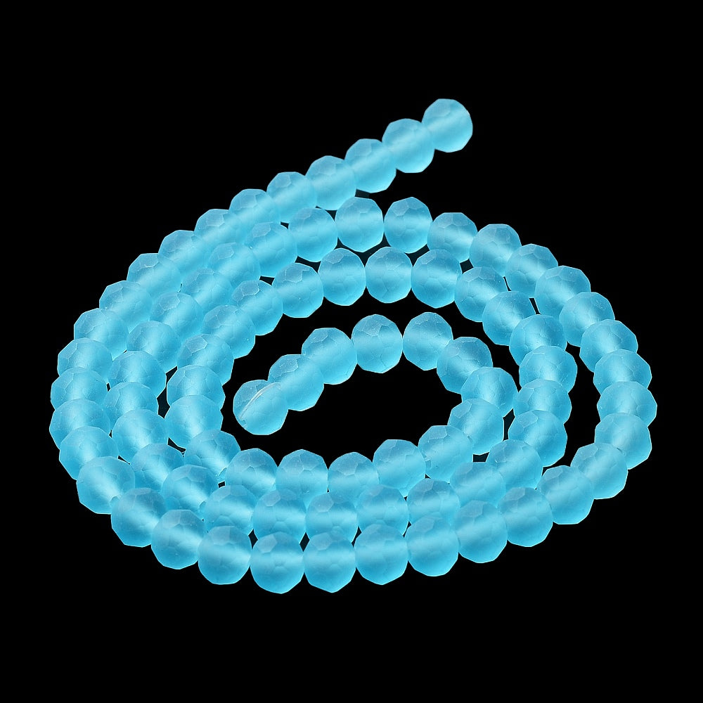 Frosted sky blue faceted rondelle glass beads, 10mm, strand