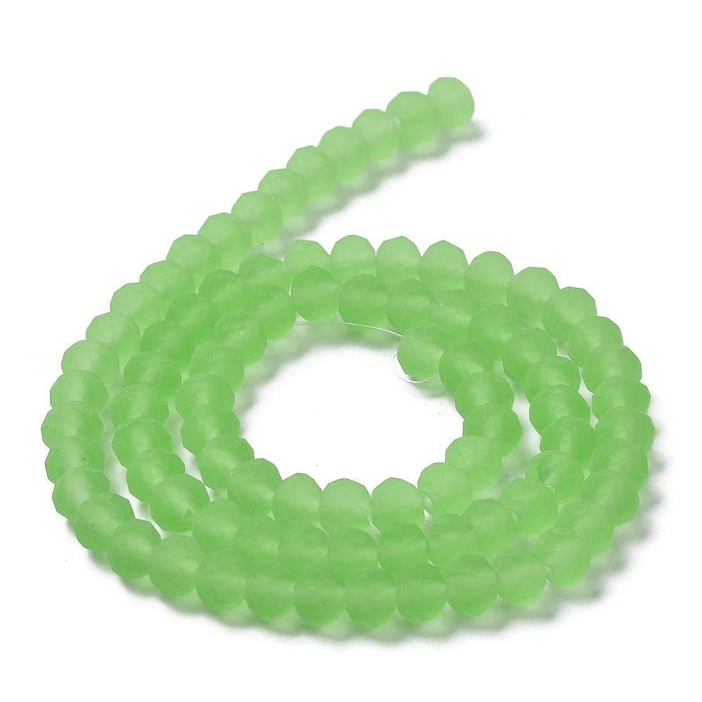 Frosted light green faceted rondelle glass beads, 10mm, strand