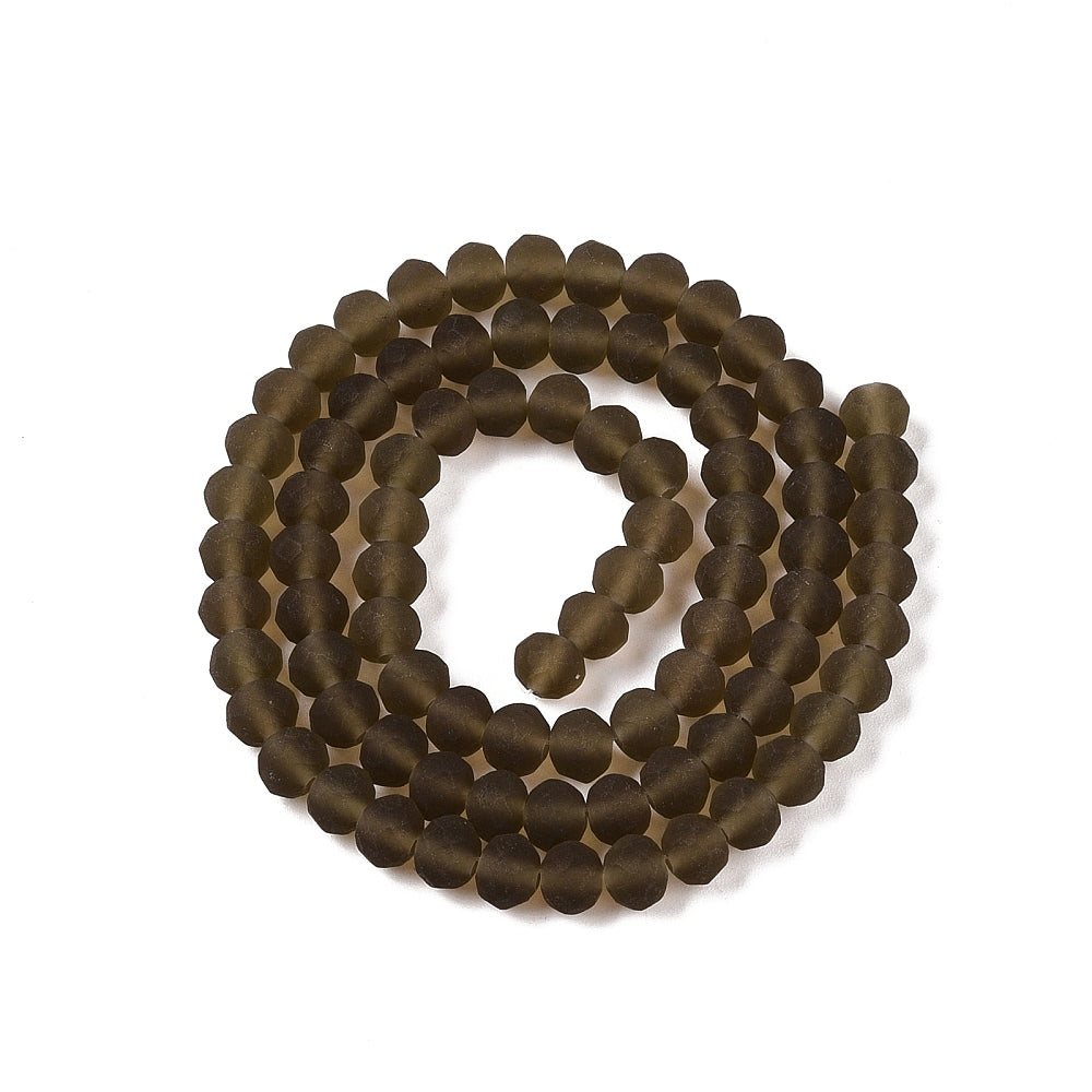 Frosted dark brown faceted rondelle glass beads, 10mm, strand