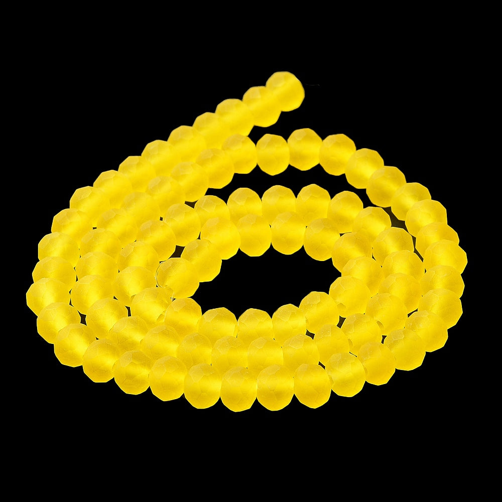 Frosted yellow faceted rondelle glass beads, 10mm, strung
