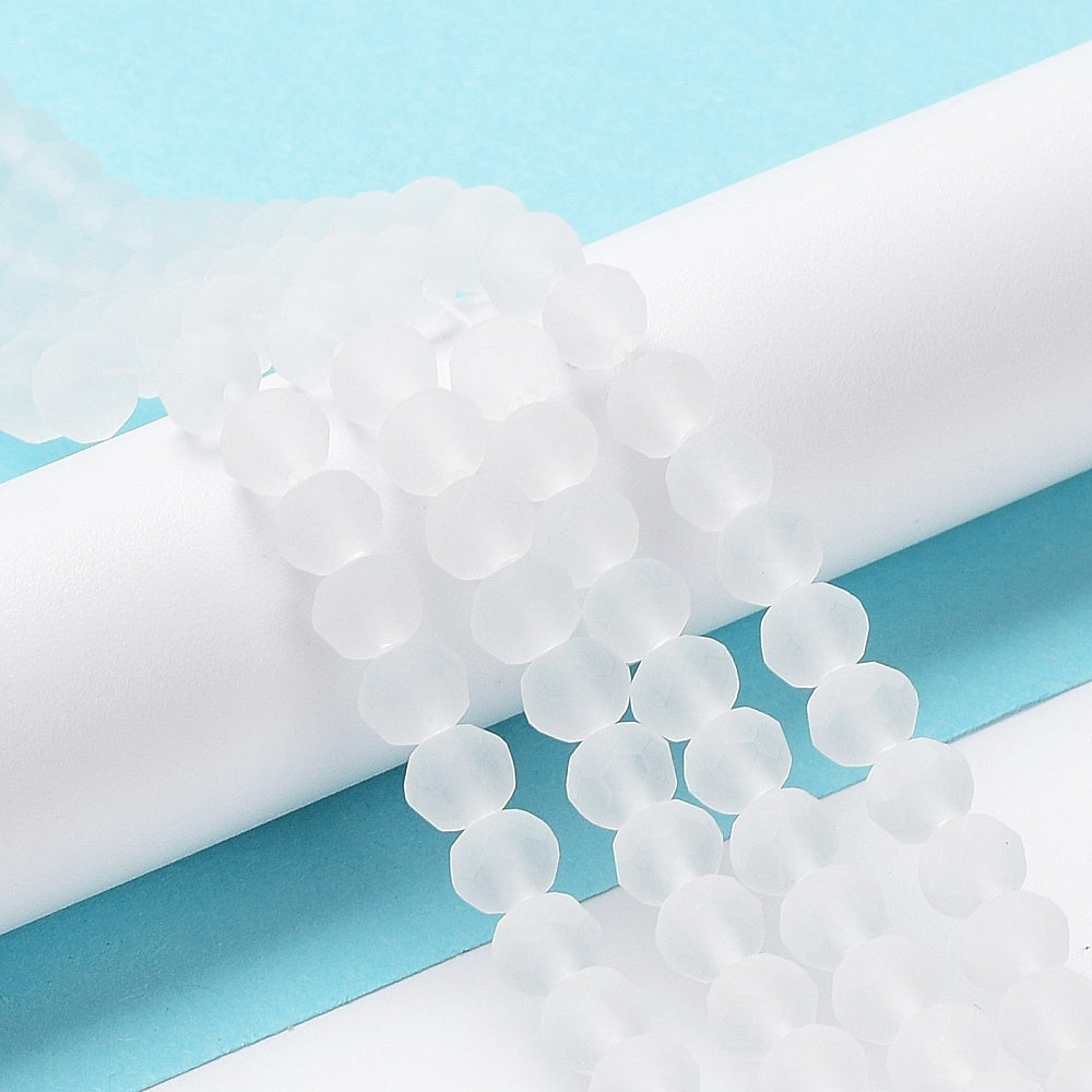 Frosted white faceted rondelle glass beads, 10mm, bracelet strand