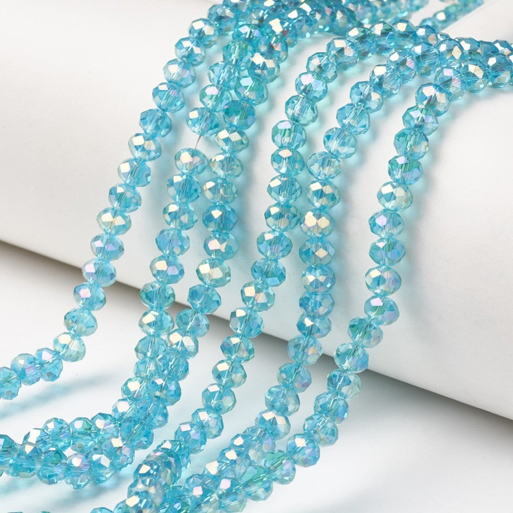 Cyan faceted rondelle glass bead strand, transparent electroplated, 4x3mm