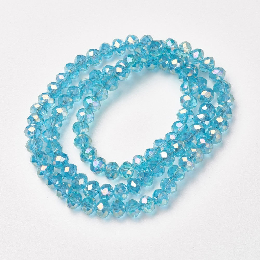 Cyan faceted rondelle glass bead strand, transparent electroplated beads
