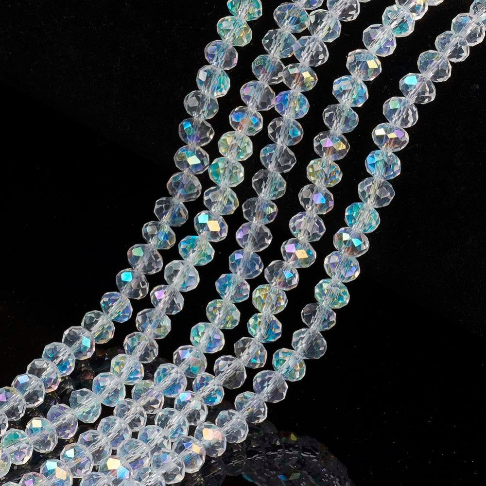 Clear faceted rondelle glass bead strand with iridescent rainbow electroplate coating