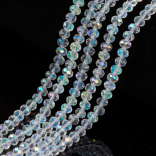 Clear faceted rondelle glass bead strand with iridescent rainbow electroplate coating