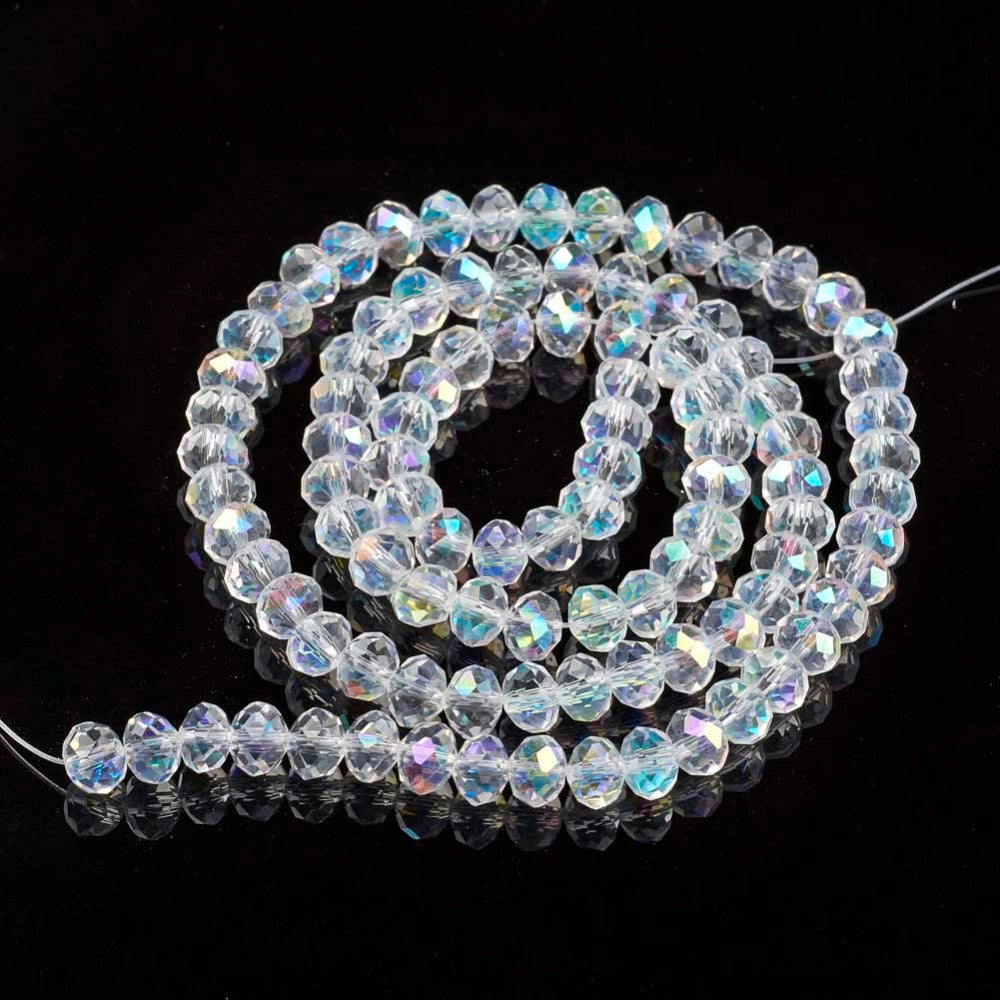 Coiled clear faceted rondelle glass bead strand with iridescent rainbow electroplate finish