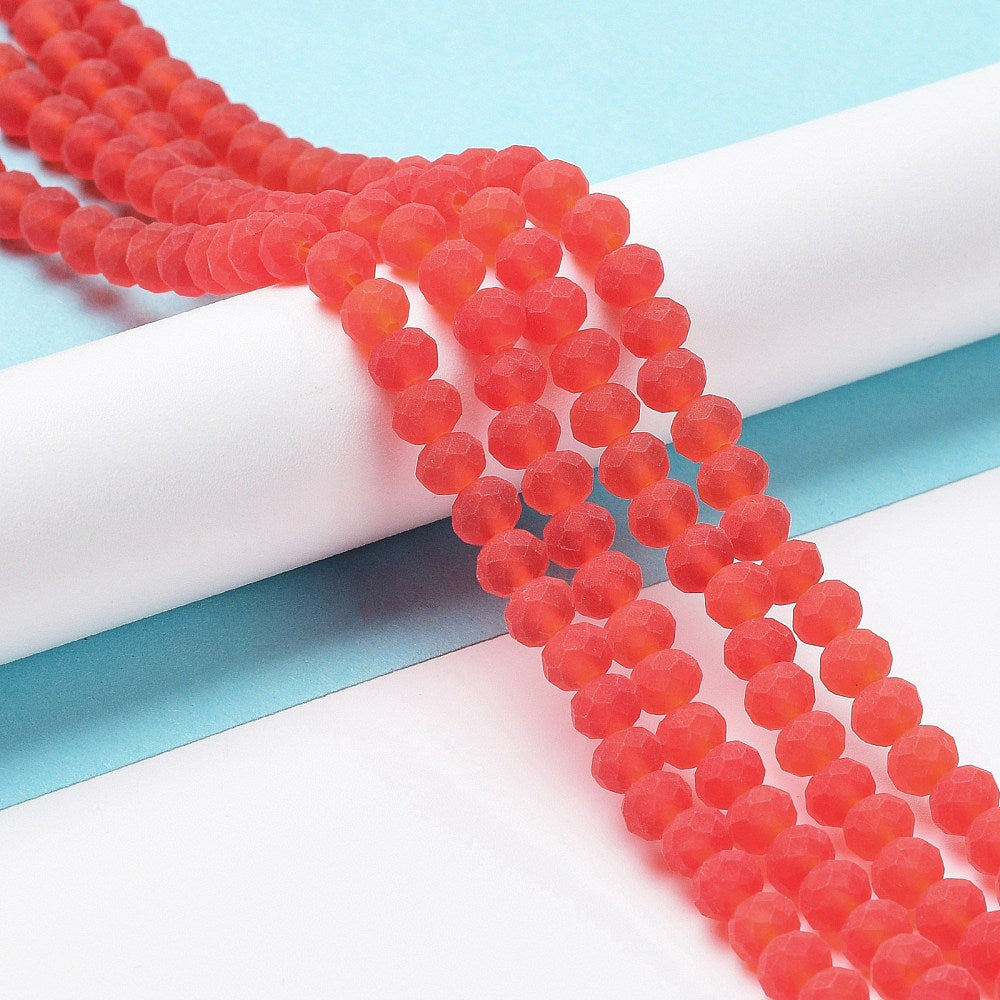 Frosted red faceted rondelle glass beads strand, 6x4.5mm