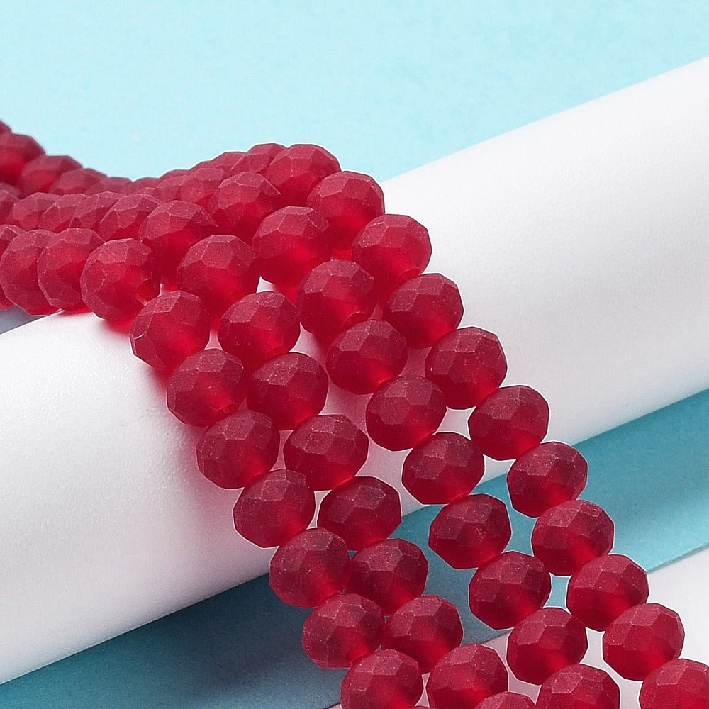 Frosted fuchsia red faceted rondelle glass beads strand, 6x4.5mm