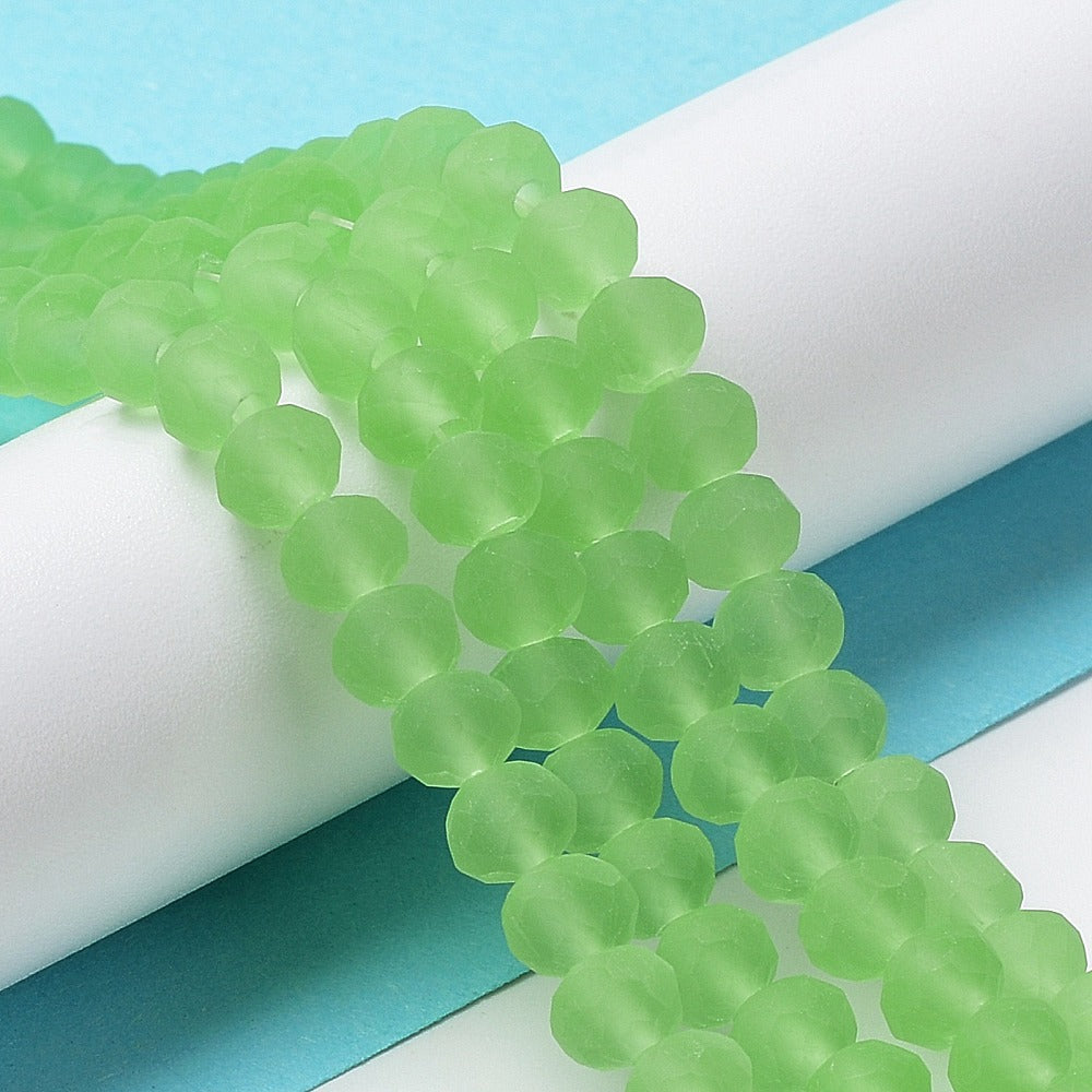 Frosted green faceted rondelle glass beads strand, 6x4.5mm