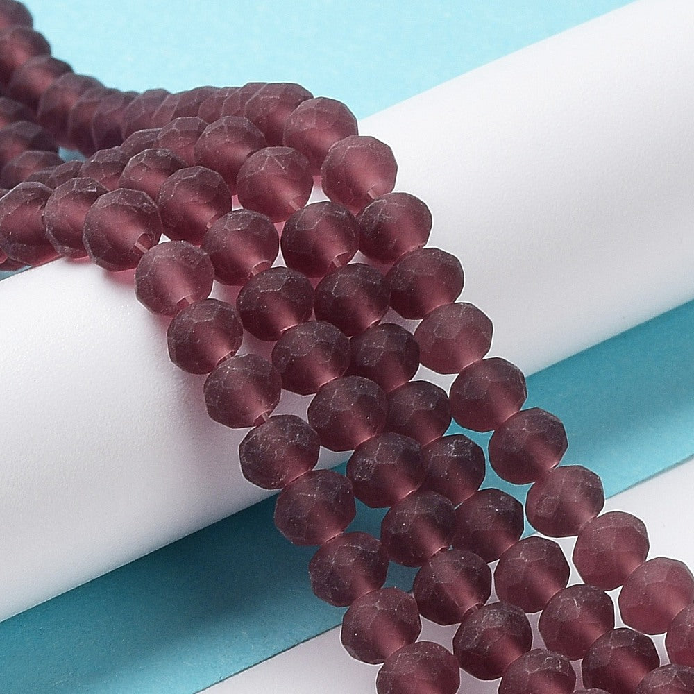 Frosted dark maroon faceted rondelle glass beads strand, 6x4.5mm