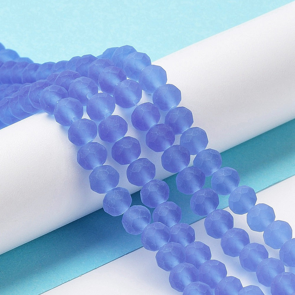 Frosted rondelle glass beads, faceted, 6x4.5mm, dark blue.