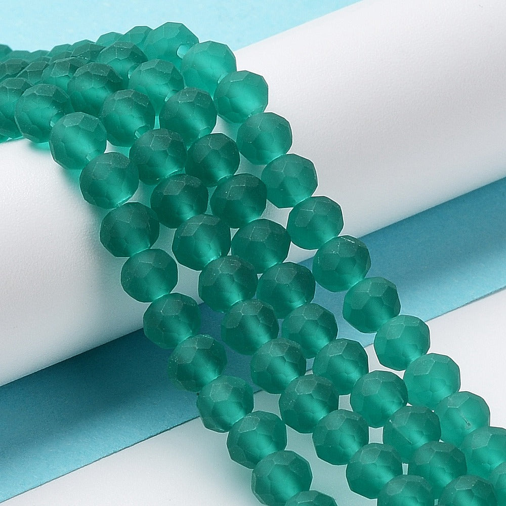 Frosted teal faceted rondelle glass beads strand, 6x4.5mm