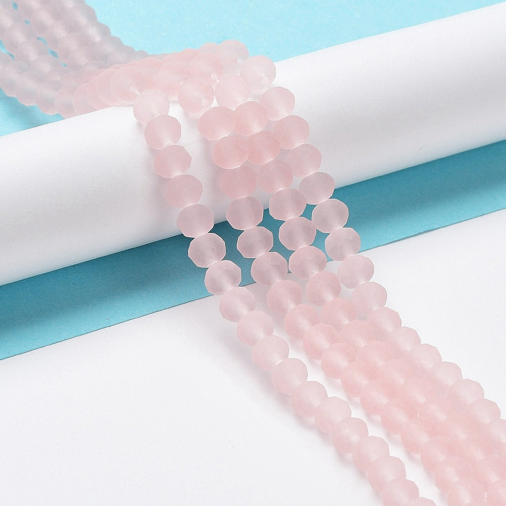Frosted pale pink faceted rondelle glass beads strand, 6x4.5mm