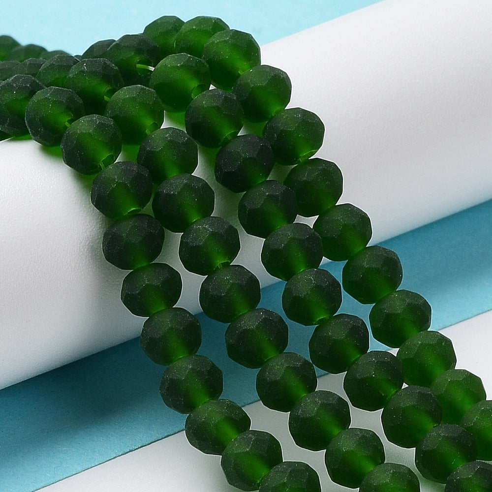 Frosted rondelle glass beads, faceted, 6x4.5mm, dark green.
