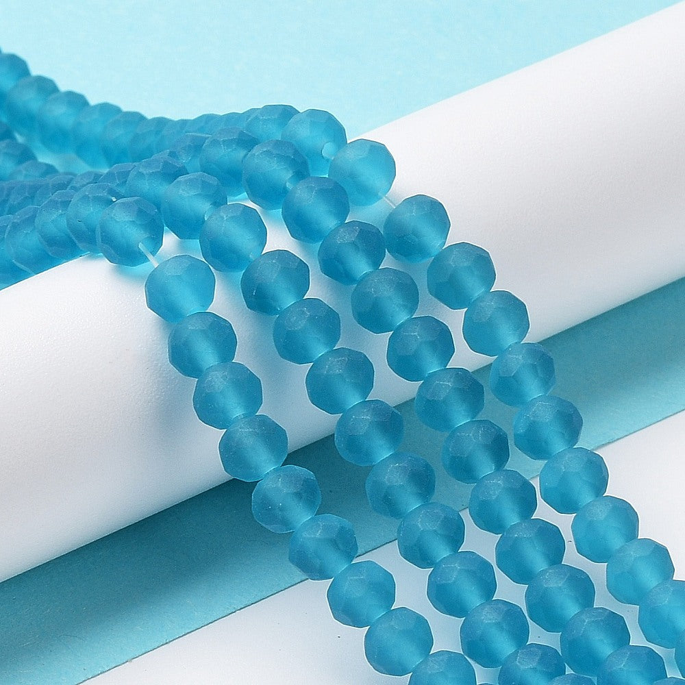 Frosted rondelle glass beads, faceted, 6x4.5mm, light teal blue.