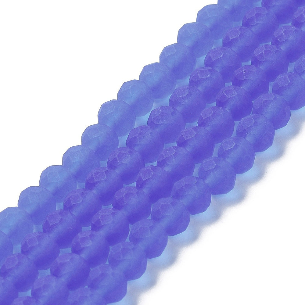 Frosted faceted glass rondelle beads strand, medium purple translucent