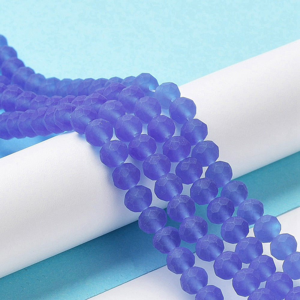 Frosted faceted rondelle glass beads strand in medium purple, close detail