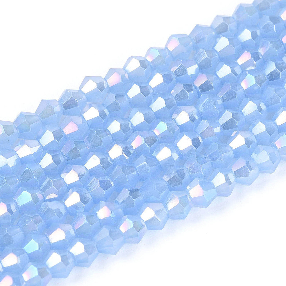 Cornflower blue faceted glass bicone beads, electroplated AB finish, close-up