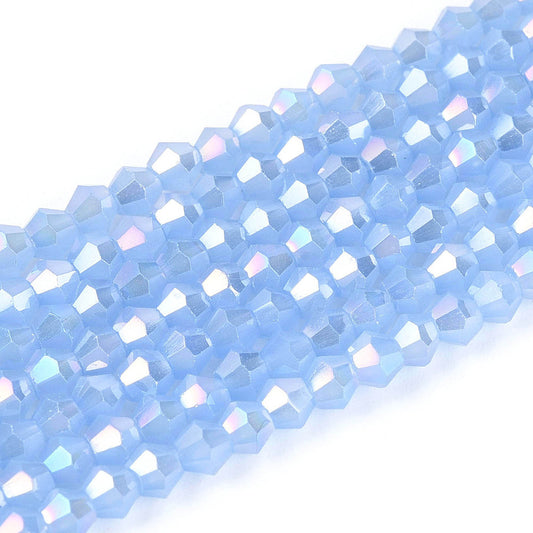 Cornflower blue faceted glass bicone beads, electroplated AB finish, close-up