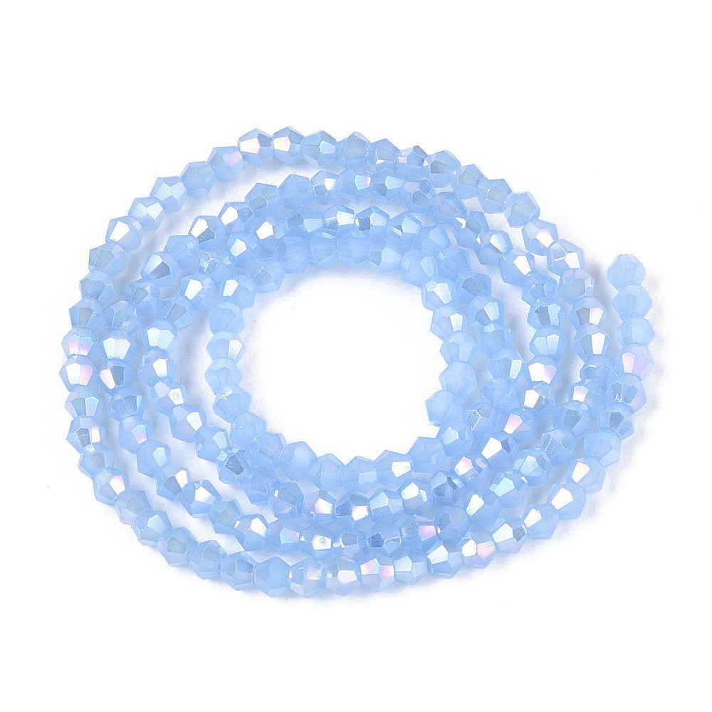 Cornflower blue glass bicone bead strand with AB iridescent coating, loop
