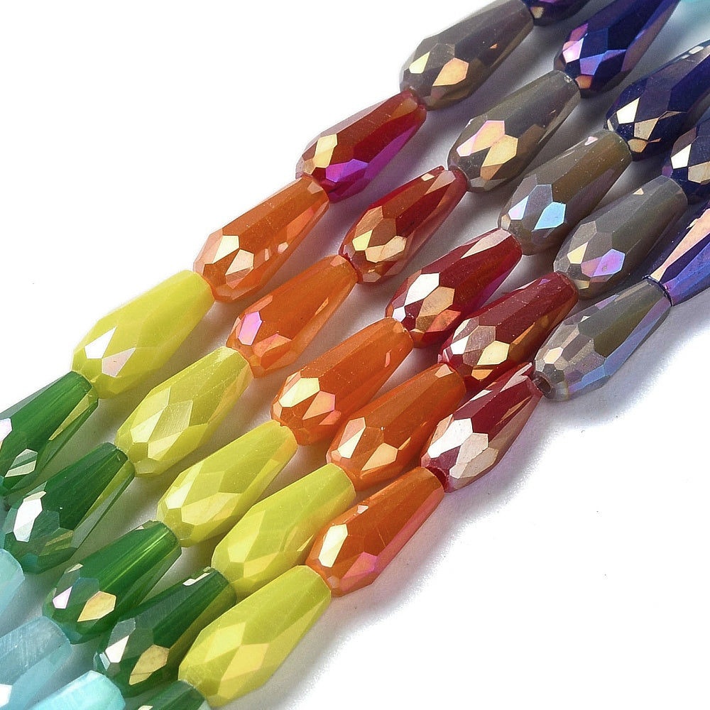 Faceted teardrop glass beads strand in mixed bright colors, electroplated shine