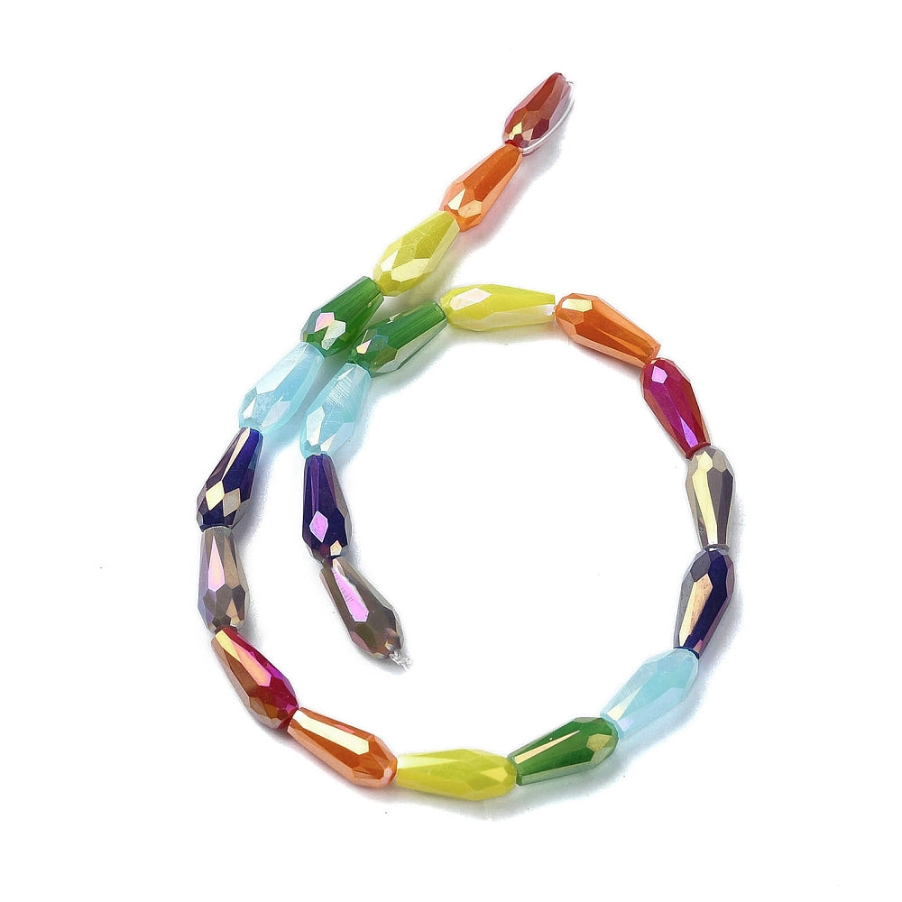 Faceted teardrop glass beads strand, mixed colors strung in a loop, shiny electroplate