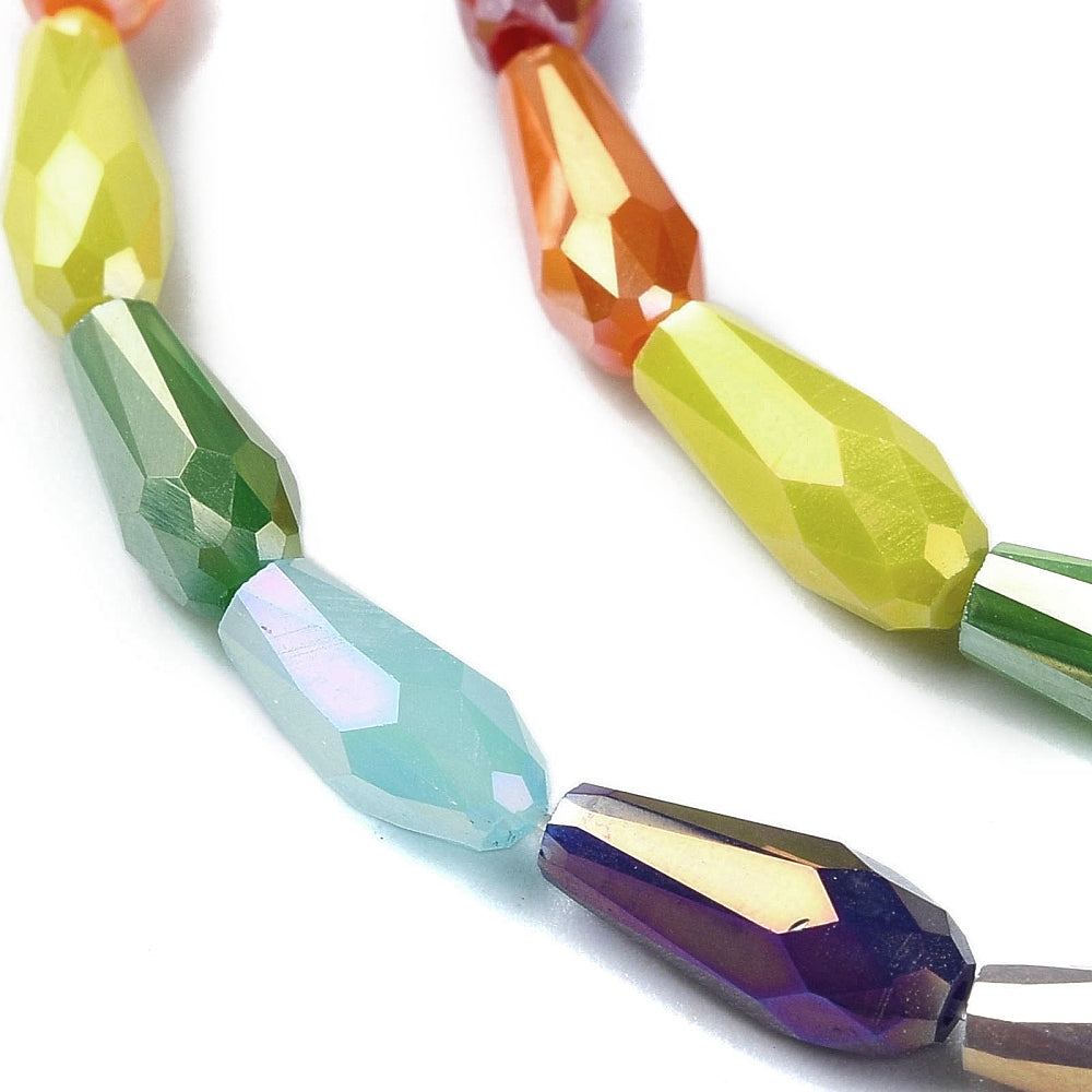 Faceted teardrop glass beads strand detail, yellow, green, orange, blue, purple facets