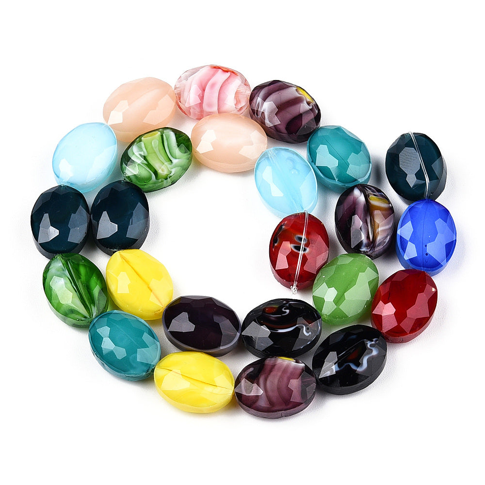 Mixed-color faceted oval glass beads strand, glossy pearl luster assorted beads