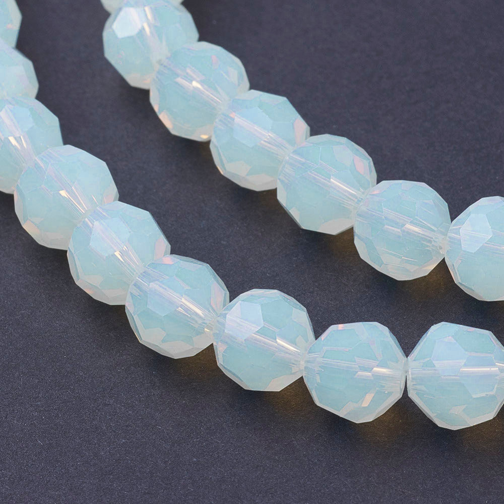 Opalite faceted round beads strand with pale blue sparkle finish