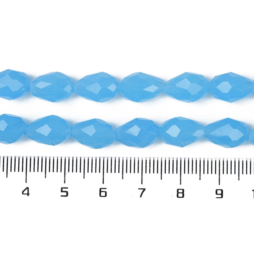 Blue faceted teardrop glass beads strand with ruler scale for size