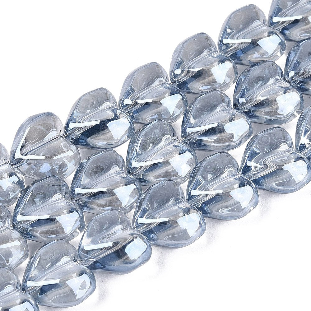 Heart-shaped faceted glass beads strand, light steel blue with AB shine