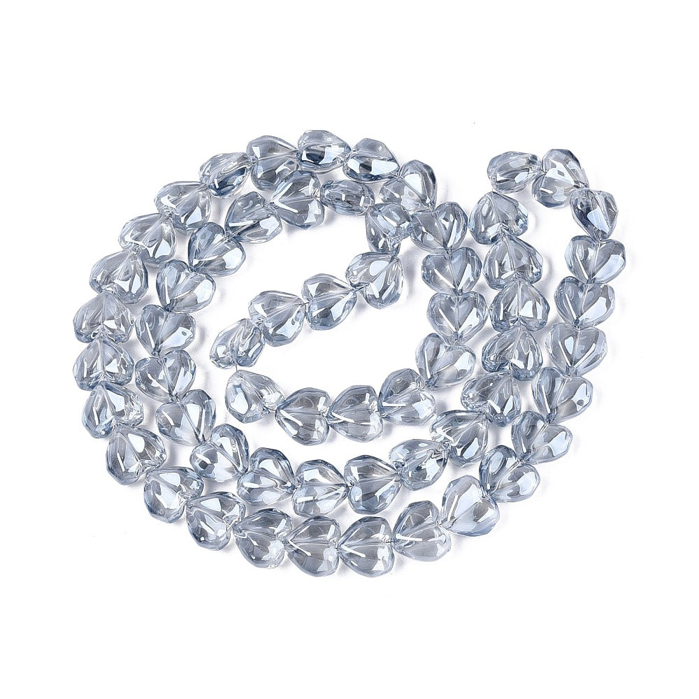 Heart-shaped faceted glass beads strand, light steel blue AB finish