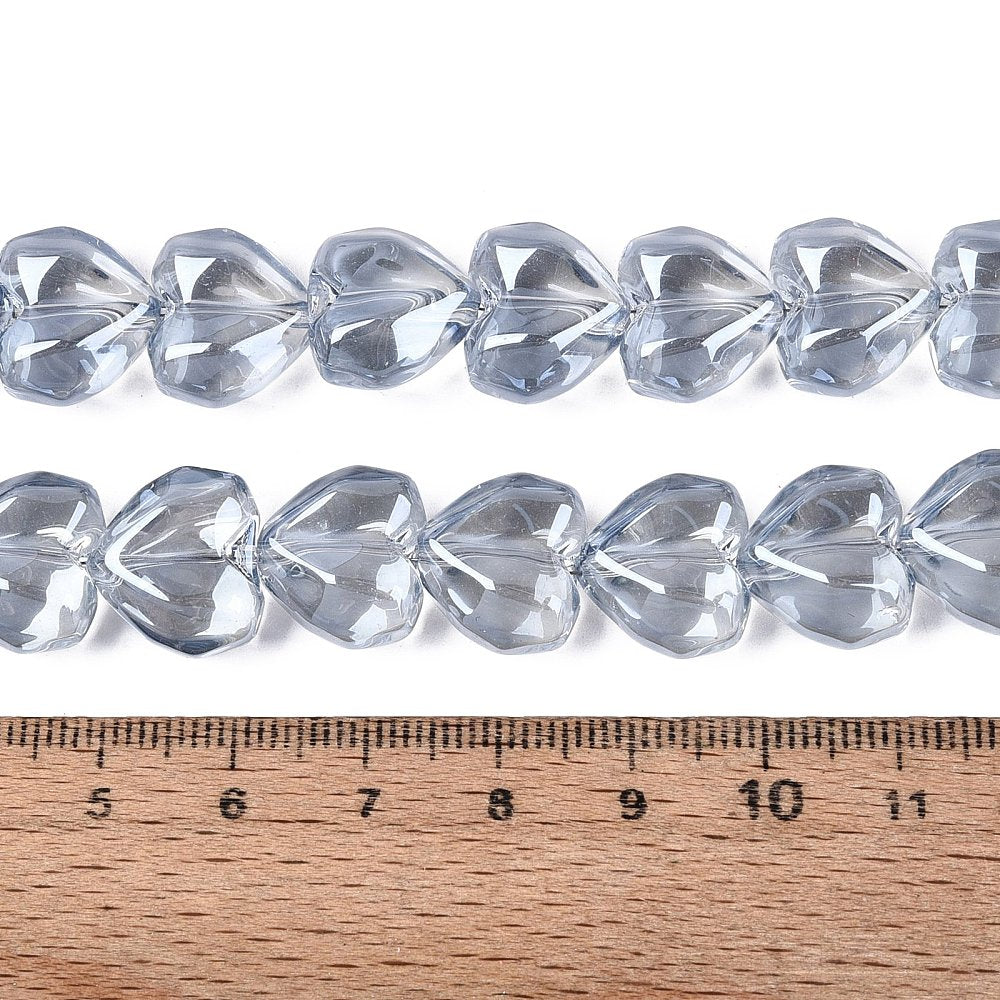Heart-shaped faceted glass beads strand, light steel blue, with size scale