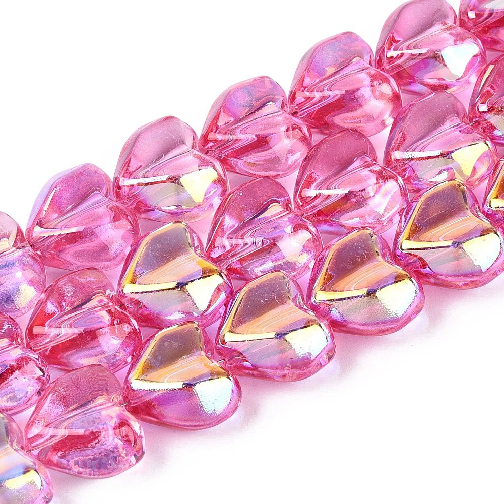 Heart glass bead strand, deep pink faceted AB electroplated hearts close-up