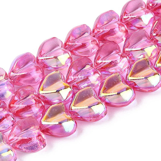 Heart glass bead strand, deep pink faceted AB electroplated hearts close-up