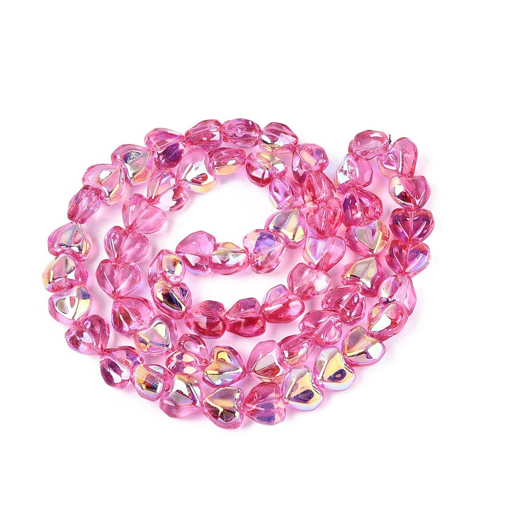 Heart glass bead strand looped, deep pink faceted AB iridescent electroplated hearts