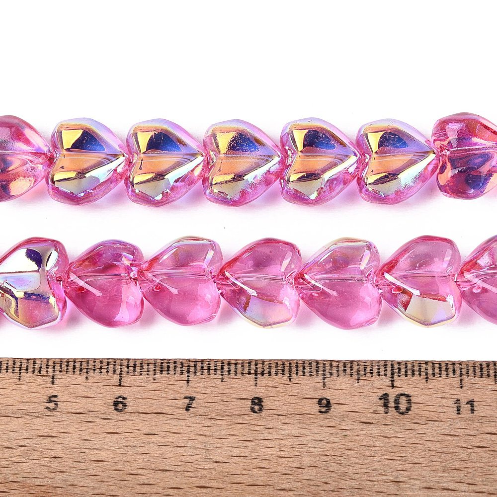 Heart glass beads strand with ruler, deep pink faceted AB electroplated heart beads