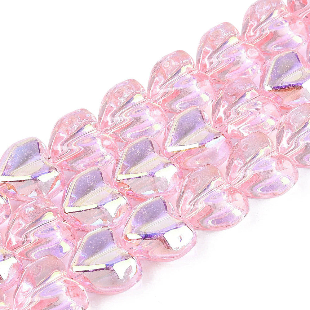 Pink heart-shaped glass beads strand, iridescent AB faceted electroplated, ~12–13mm