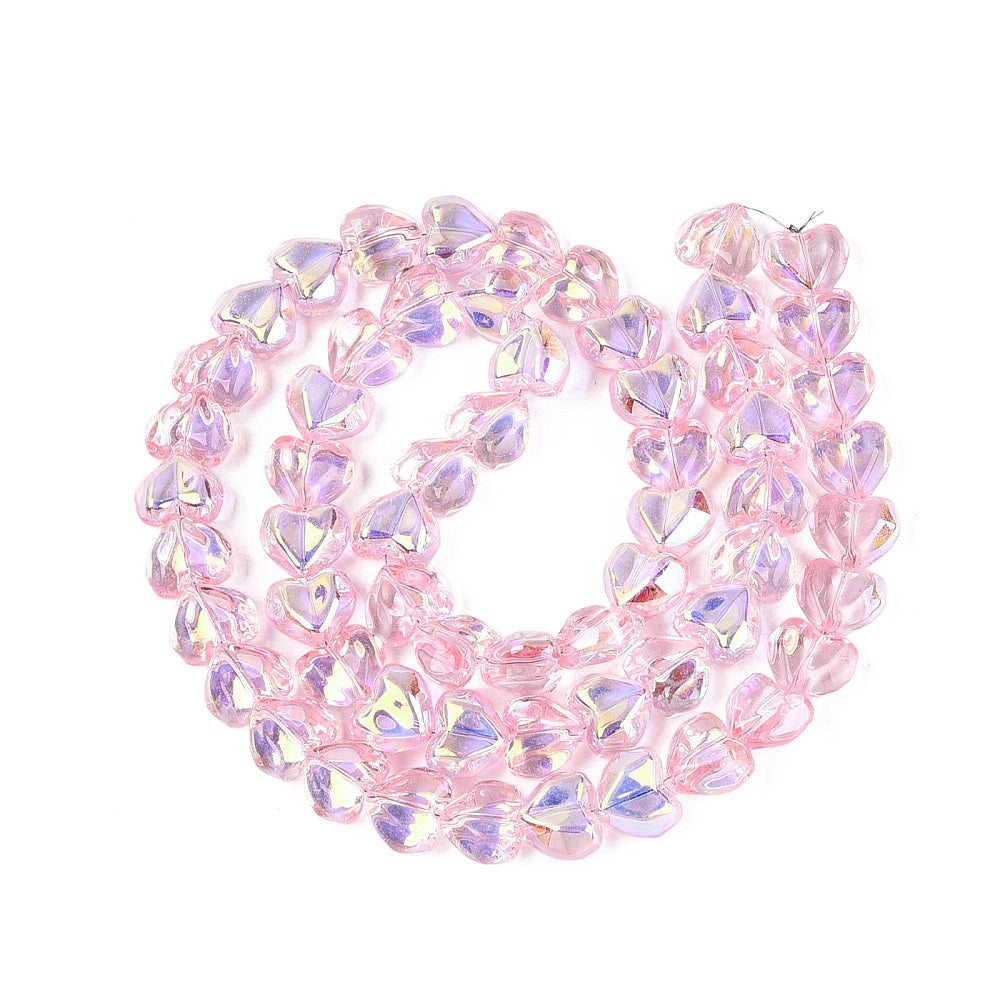 Pink heart-shaped glass beads strand with iridescent AB finish, faceted electroplated