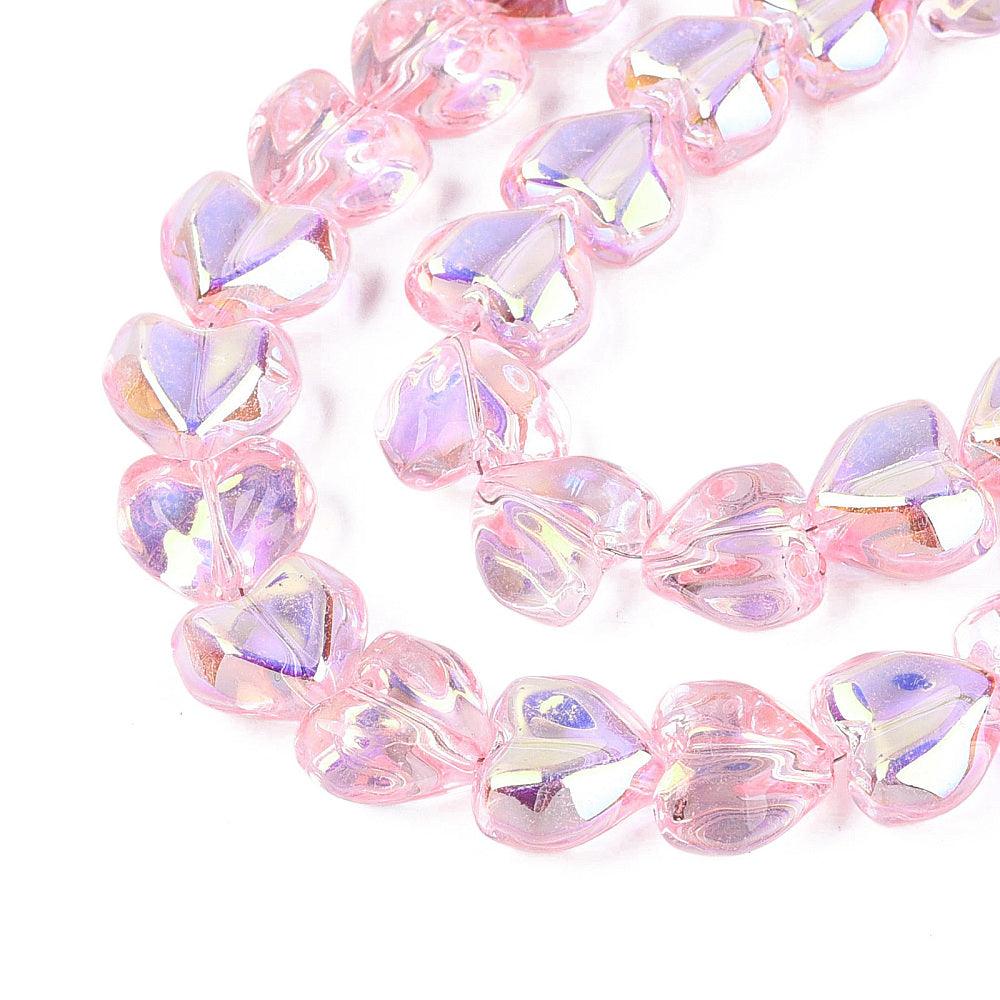 Pink heart-shaped faceted glass beads with AB iridescence, electroplated, curved strand