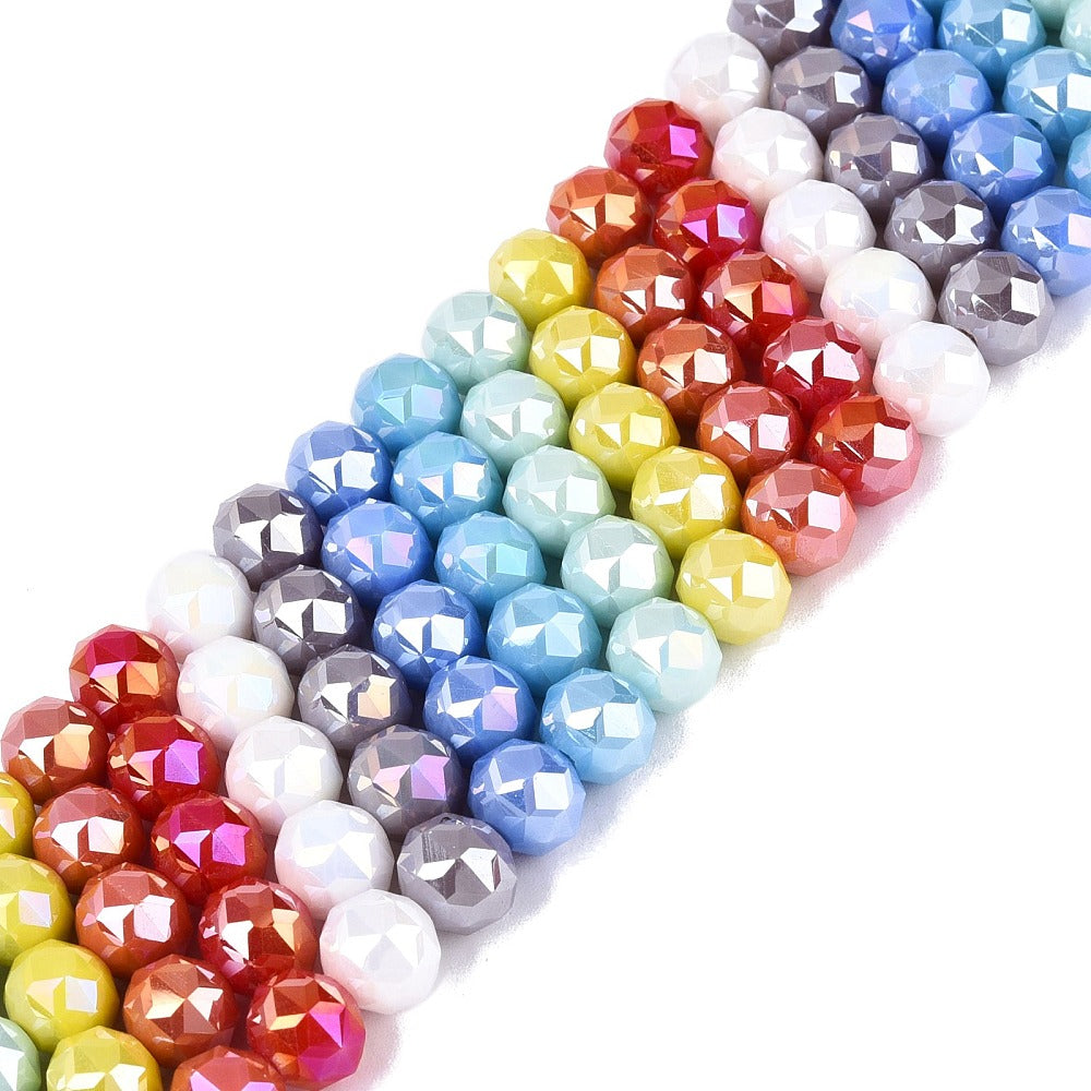 Faceted round glass beads strand, mixed pastel and jewel tones with AB sparkle finish