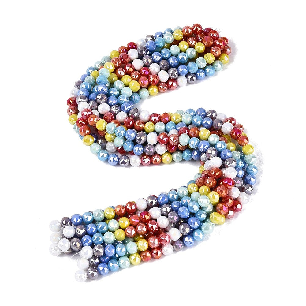 Faceted round glass beads strand, mixed colors in blue, red, white, and yellow rows