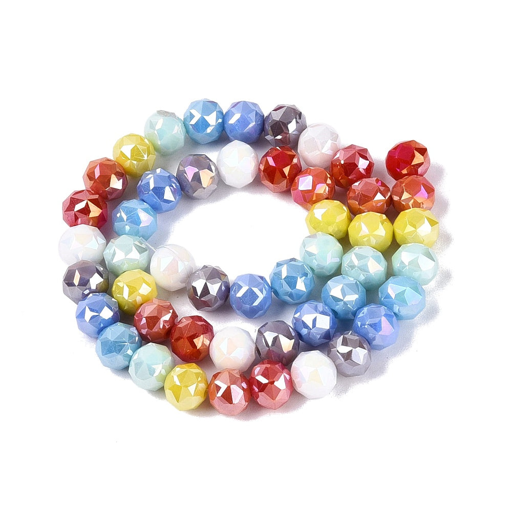 Faceted round glass beads strand, multicolor mix in blue, red, yellow, white, gray loop