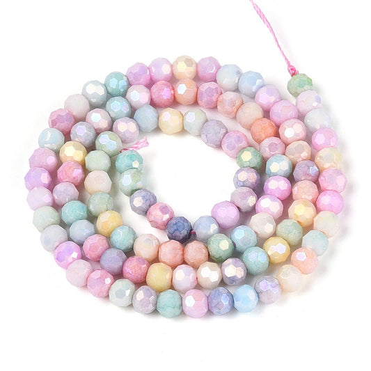 Faceted round glass beads, multicolor pastel AB iridescence, 4mm