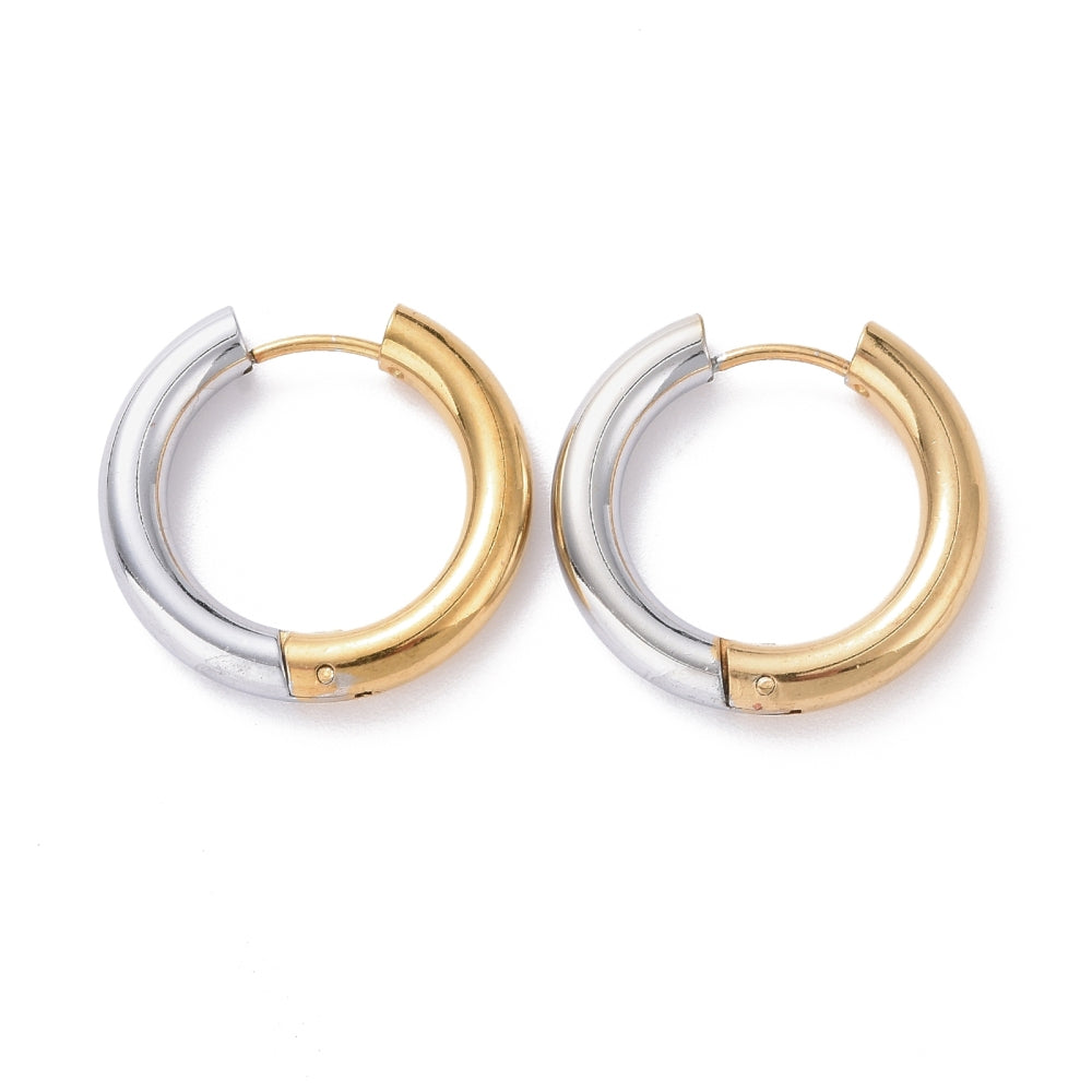 Two-tone stainless steel hinged hoop earrings, gold and silver, 23x24.5mm