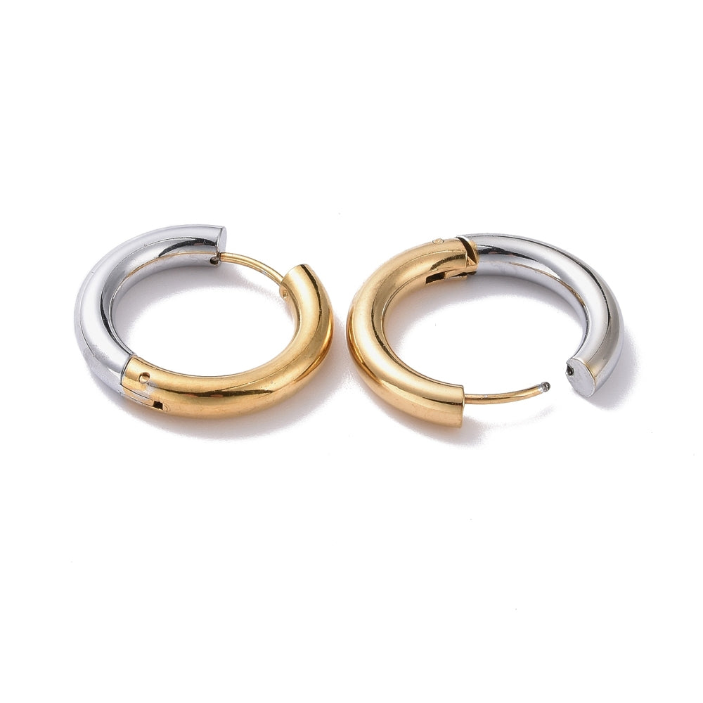 Two-tone stainless steel hinged hoop earrings with visible hinge, gold and silver